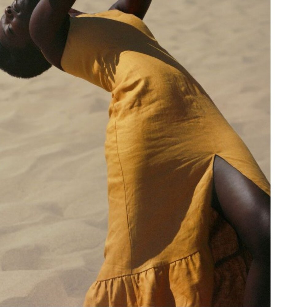 Reformation Barlowe Linen Midi Dress in Ochre